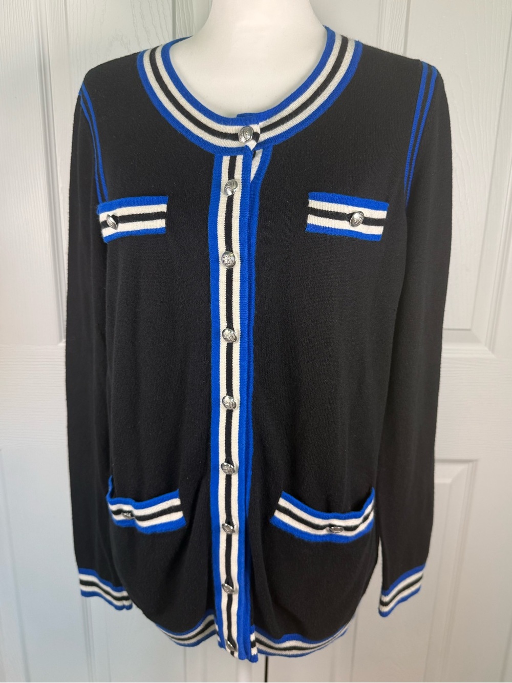 Talbots Womens M Black Cardigan Sweater Striped Buttons Preppy Old Money